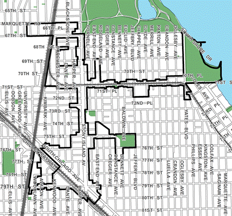 71st/Stony Island TIF district, roughly bounded on the north by Marquette Road, 81st Streets on the south, Lake Michigan and Jeffery Boulevard on the east, and the Canadian National/Illinois Central Railway tracks on the west.